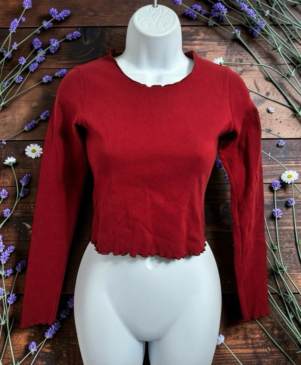 Brandy Melville Dark Red Top Sz Small Long-Sleeve Lettuce Hem Blouse Stretch